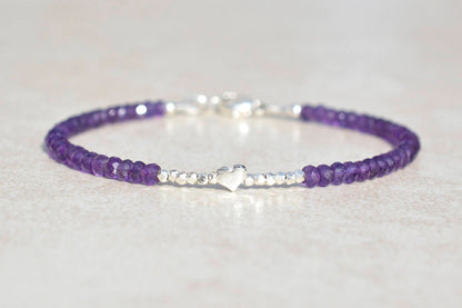 Silver Beaded Bracelet with February Birthstone Amethyst