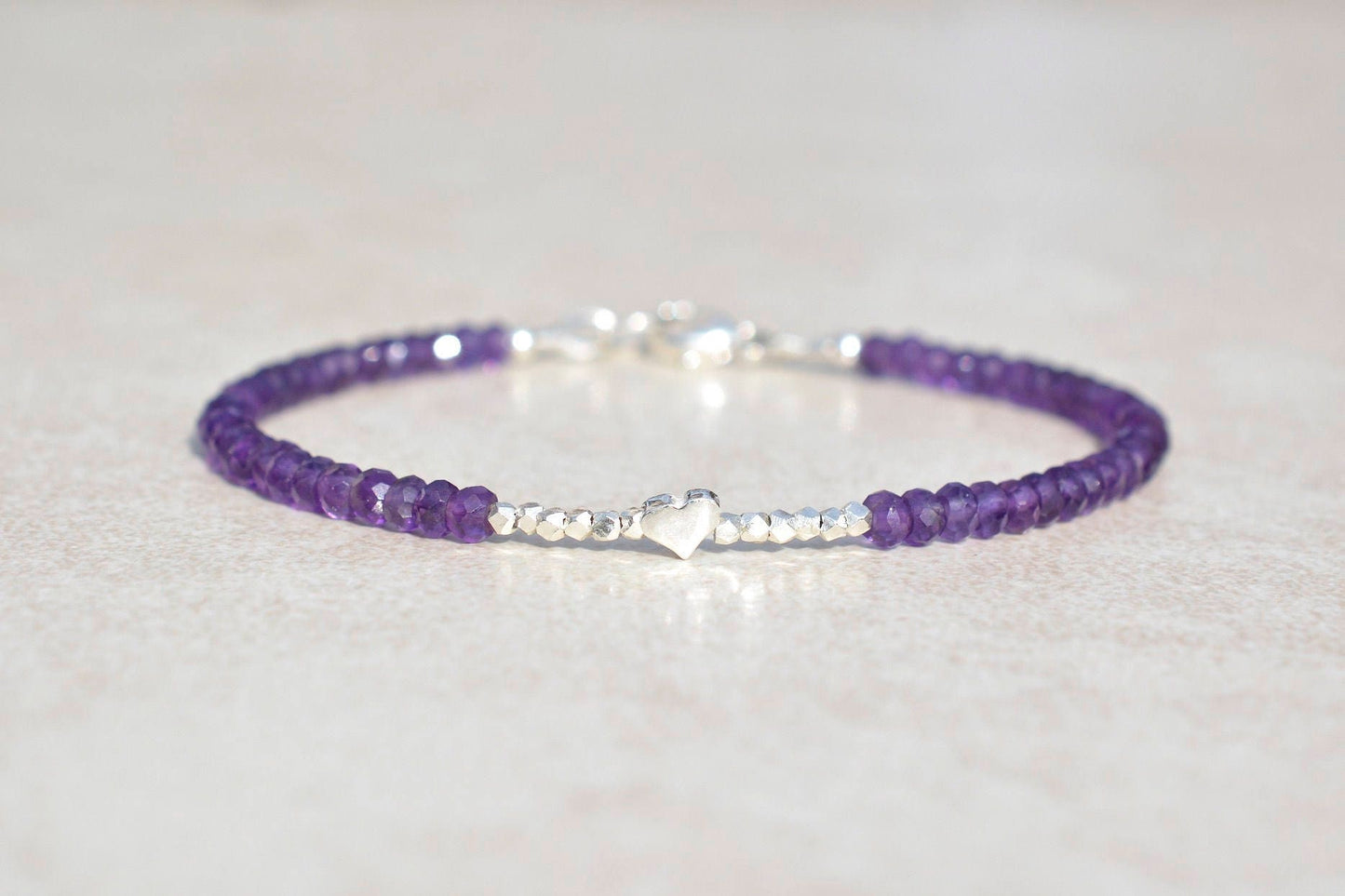 Silver Beaded Bracelet with February Birthstone Amethyst