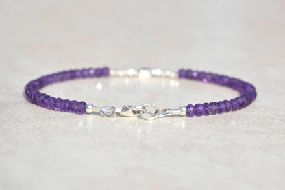 Silver Beaded Bracelet with February Birthstone Amethyst