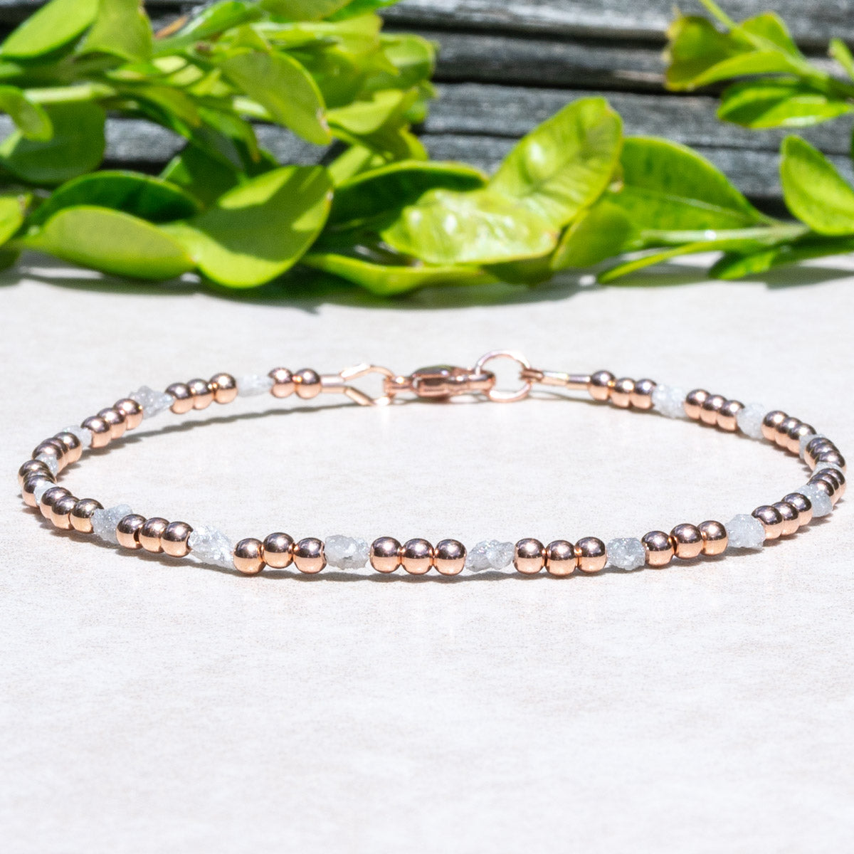 Uncut Raw Diamond Beaded Bracelet with Rose Gold Beads