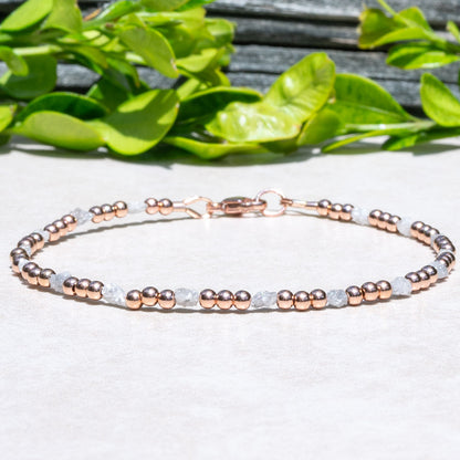 Uncut Raw Diamond Beaded Bracelet with Rose Gold Beads