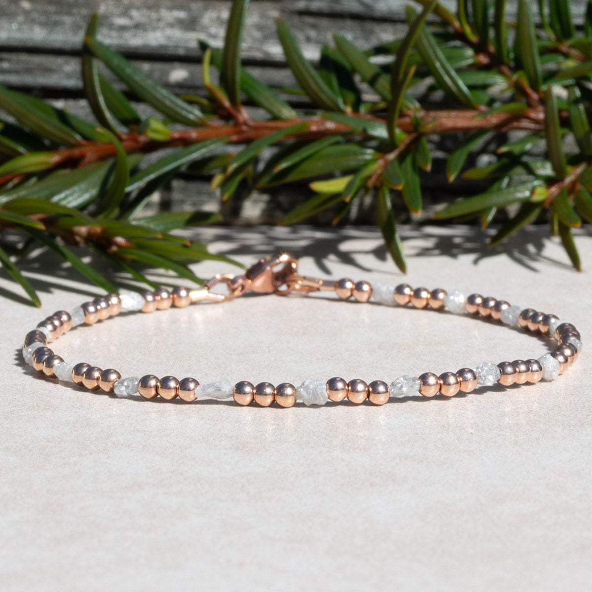 Uncut Raw Diamond Beaded Bracelet with Rose Gold Beads