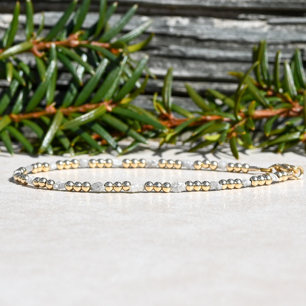 Raw Diamond Bracelet and Gold Filled Round Beads