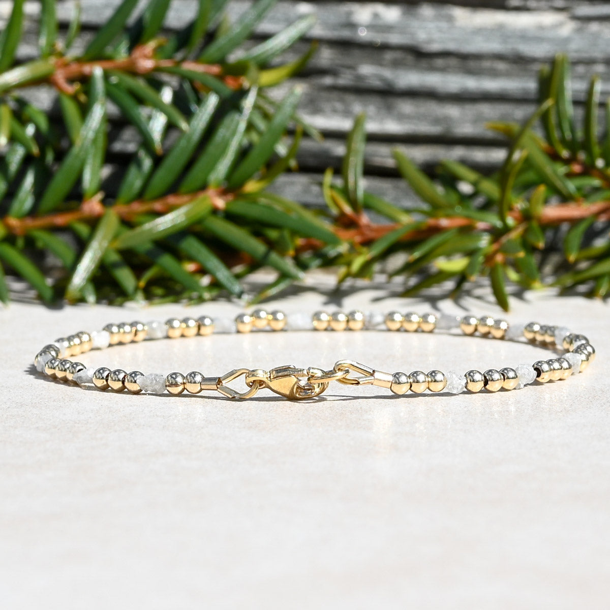 Raw Diamond Bracelet and Gold Filled Round Beads