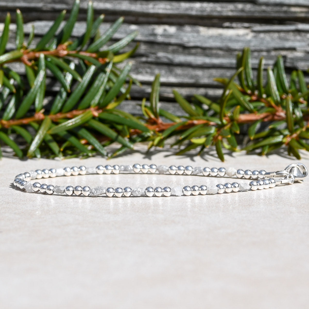 Raw Diamond Bracelet with Sterling Silver Round Beads