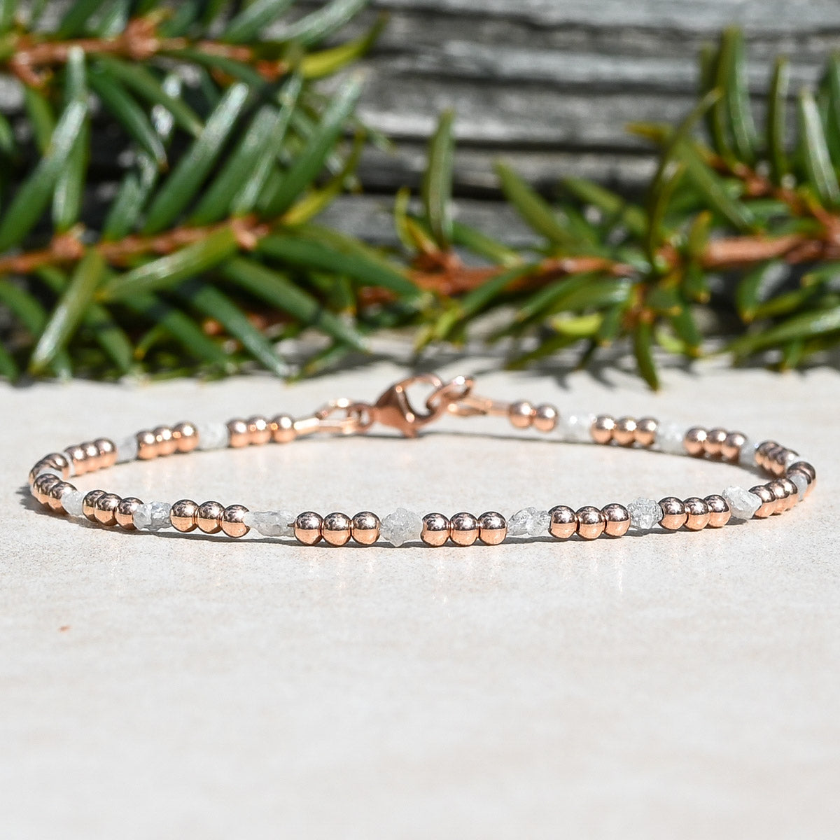 Uncut Raw Diamond Beaded Bracelet with Rose Gold Beads