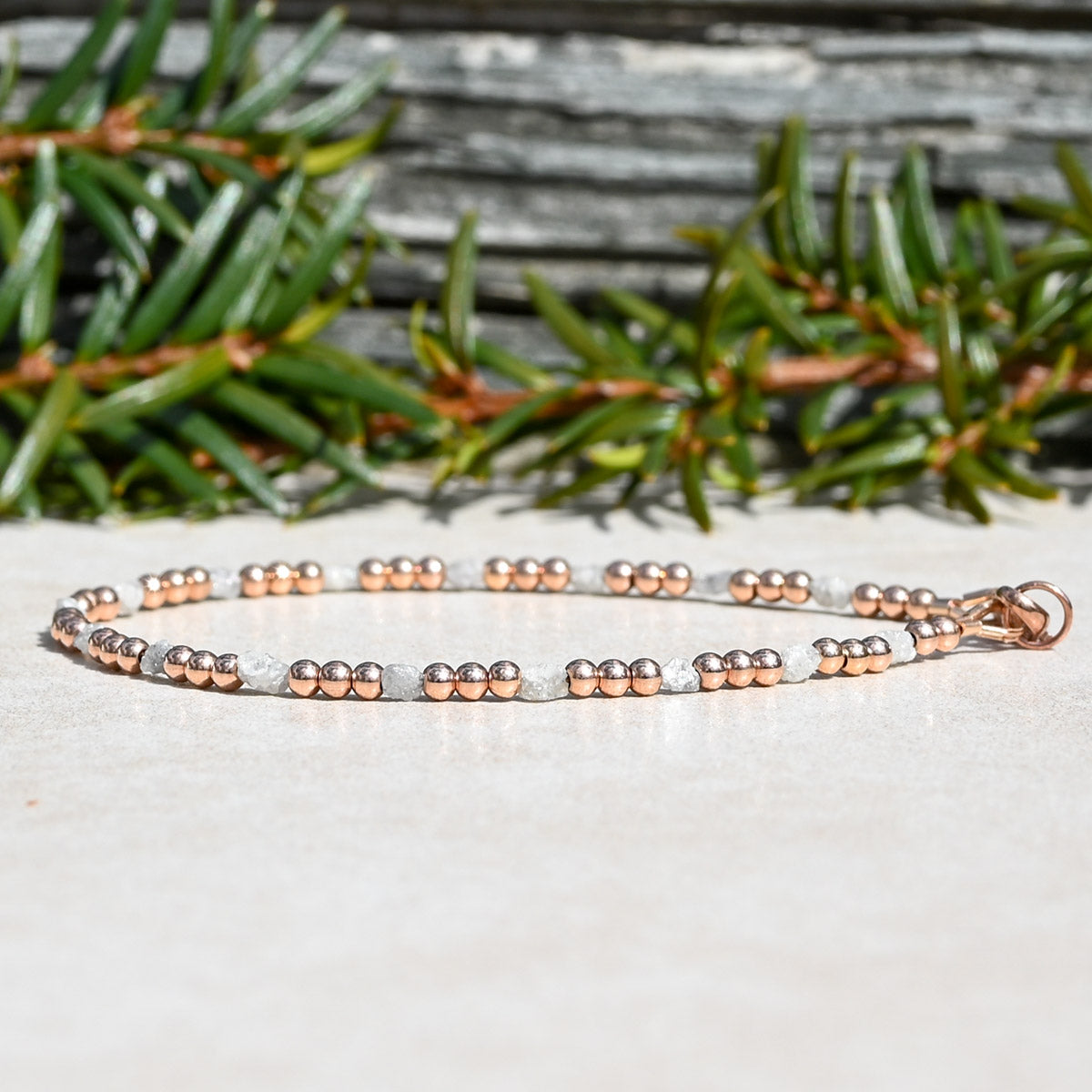 Uncut Raw Diamond Beaded Bracelet with Rose Gold Beads