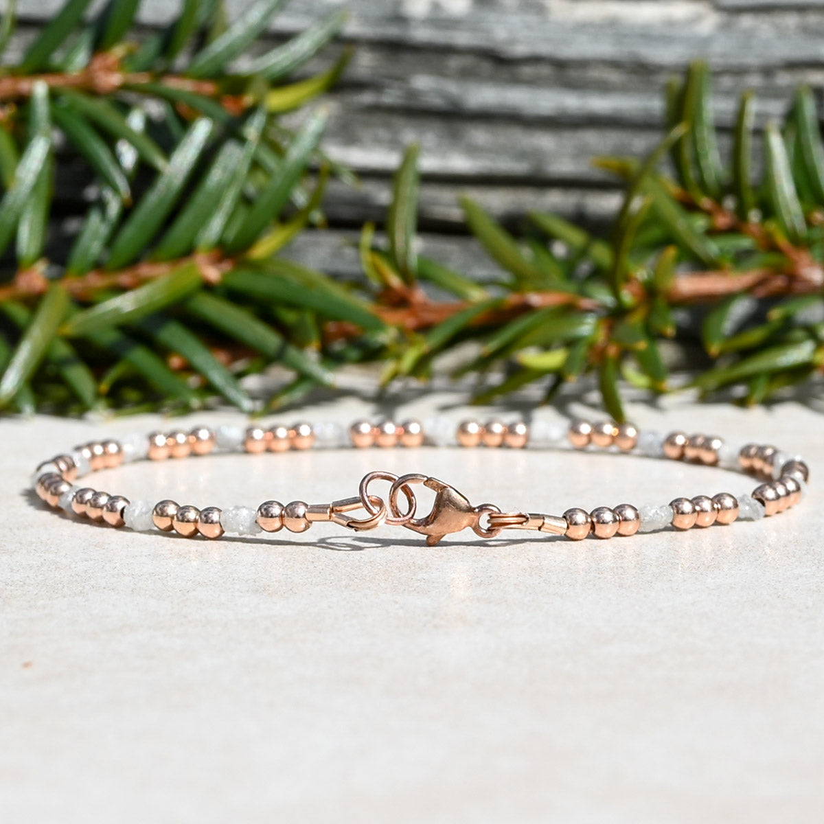 Uncut Raw Diamond Beaded Bracelet with Rose Gold Beads