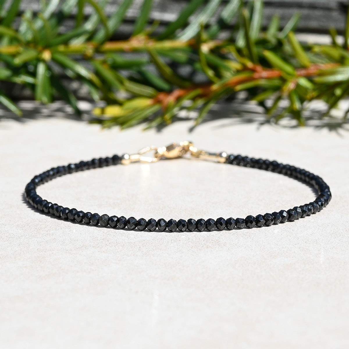 Black Spinel Beaded Bracelet with Silver, Gold or Rose Gold