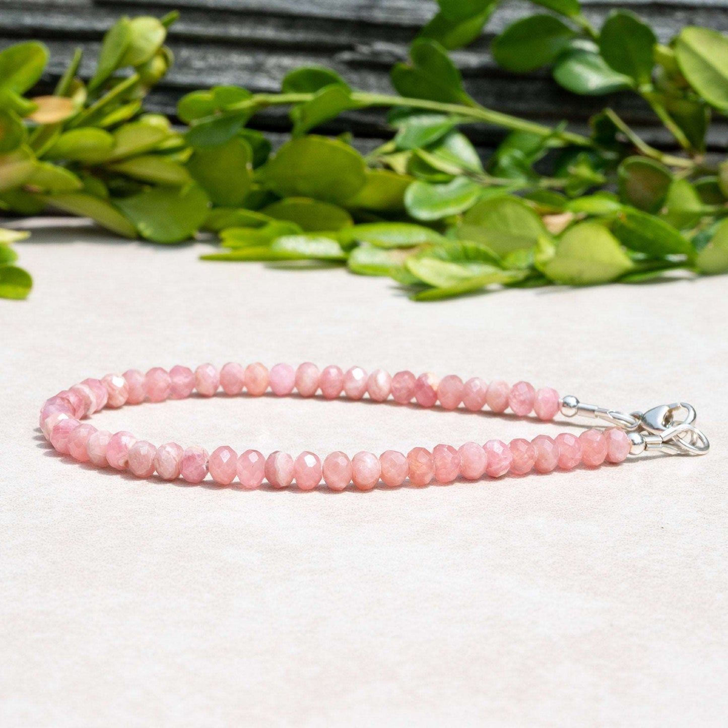 Natural Rhodochrosite Gemstone Beaded Bracelet, Handmade Custom Size and Finish