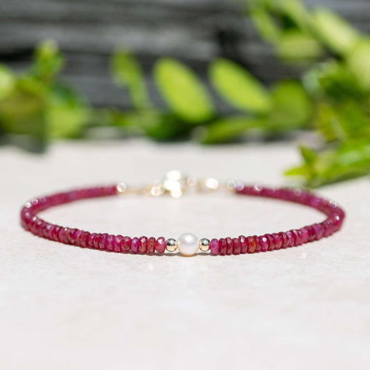 Natural Red Ruby & Freshwater Pearl June/July Birthstone Bracelet, Women's Handmade Custom Size and Finish