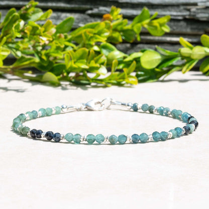 Dainty Natural Grandidierite and Silver Beaded Bracelet for Women