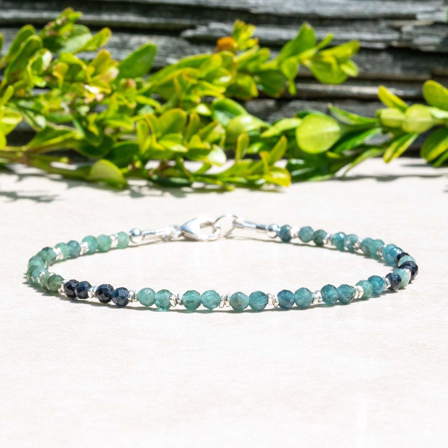 Dainty Natural Grandidierite and Silver Beaded Bracelet for Women