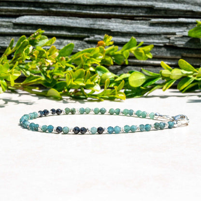 Dainty Natural Grandidierite and Silver Beaded Bracelet for Women