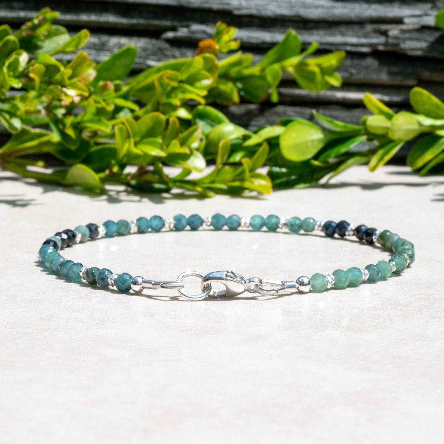 Dainty Natural Grandidierite and Silver Beaded Bracelet for Women