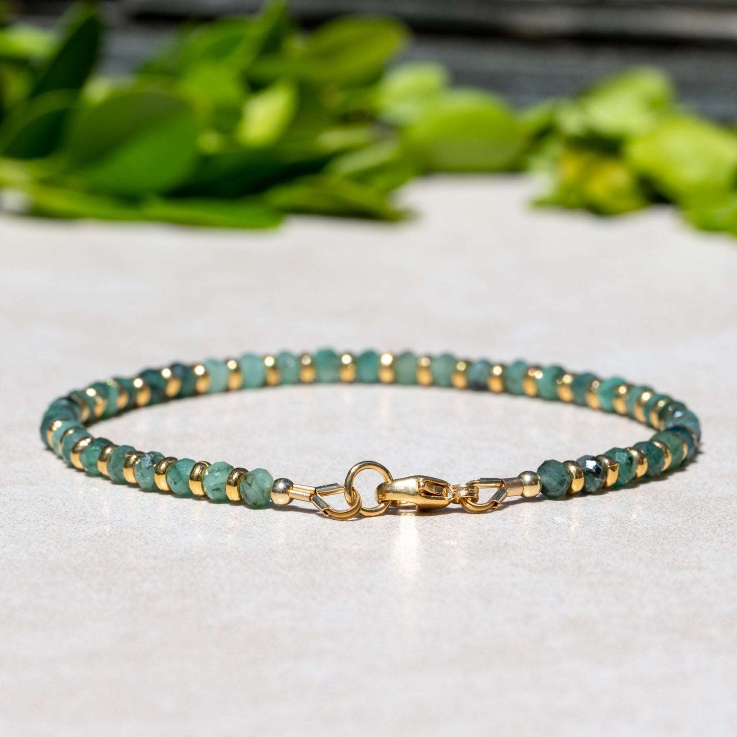 Shaded Emerald May Birthstone Bracelet with Gold Beads