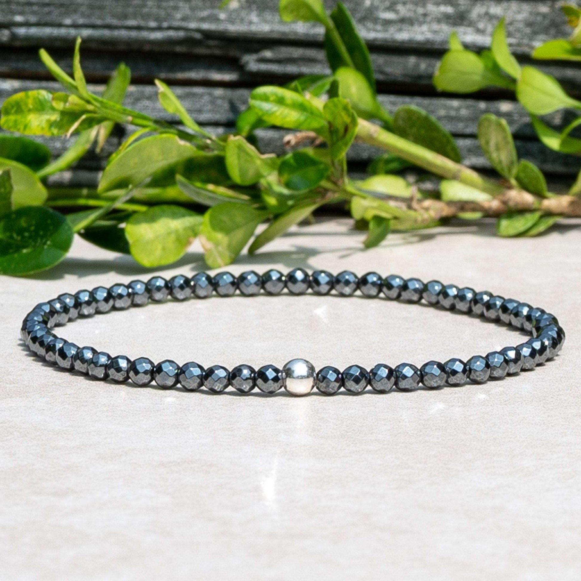 Hematite Stretch Bracelet with Sterling Silver, Gold Filled, or Rose Gold Beads