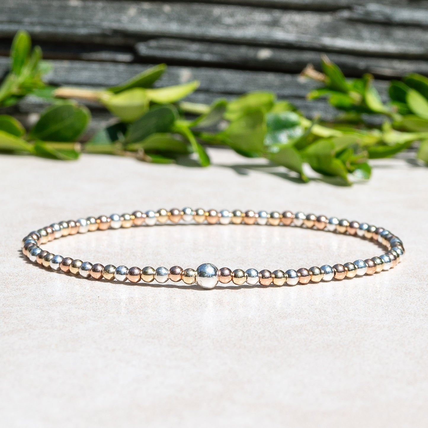 Rose Gold, Yellow Gold, and Sterling Silver Beaded Ball Bracelet Front