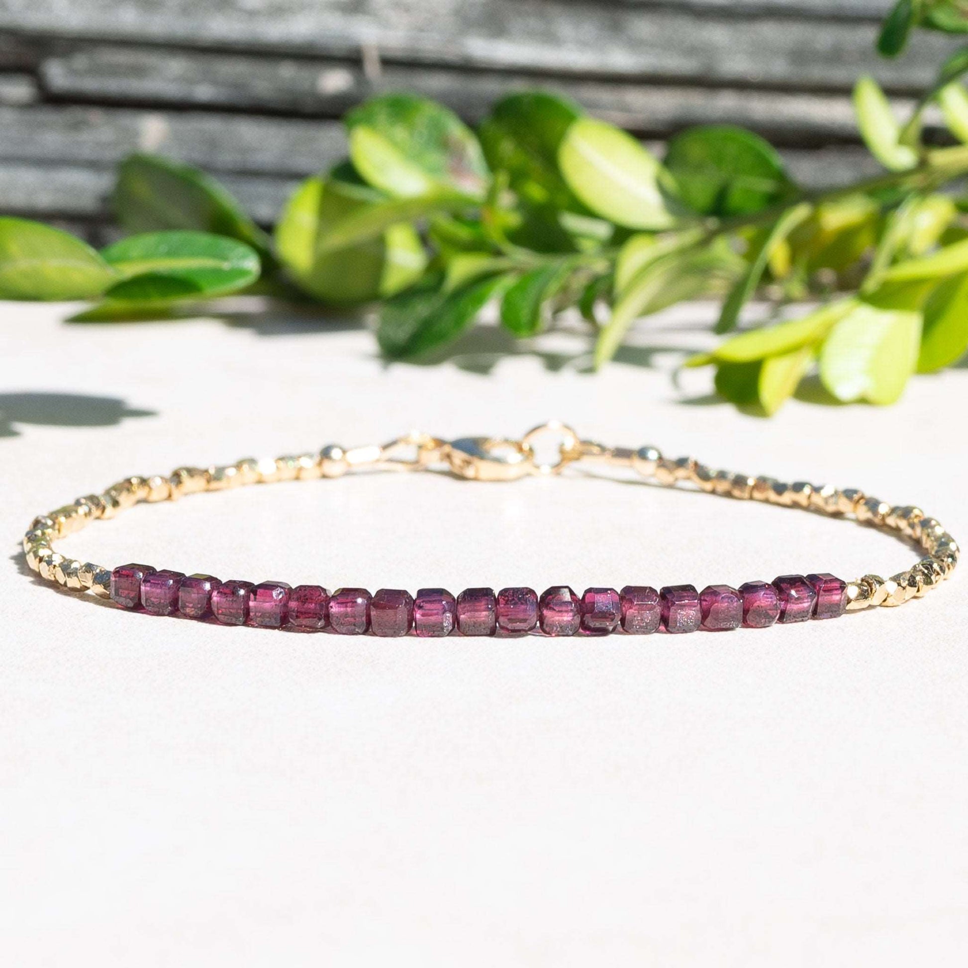 Garnet Cube and Gold Beaded Bracelet