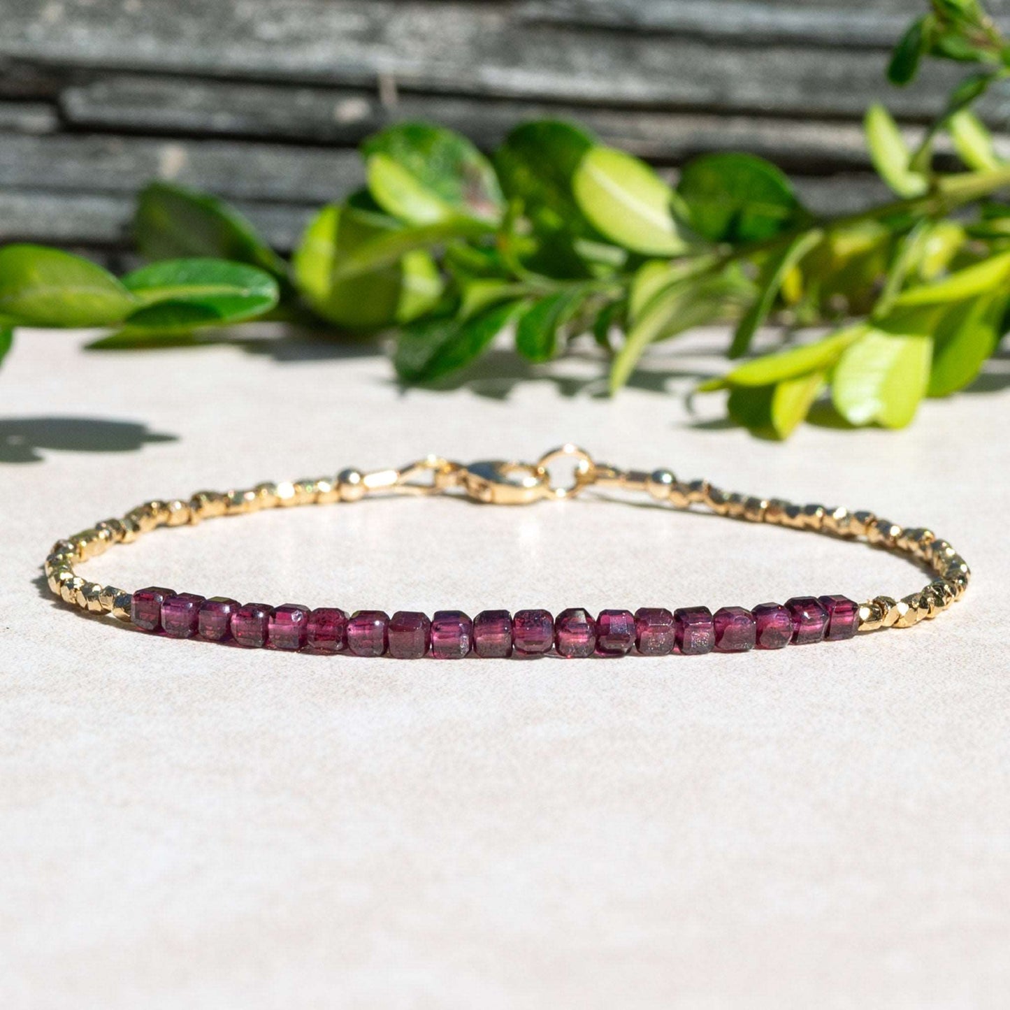 Garnet Cube and Gold Beaded Bracelet