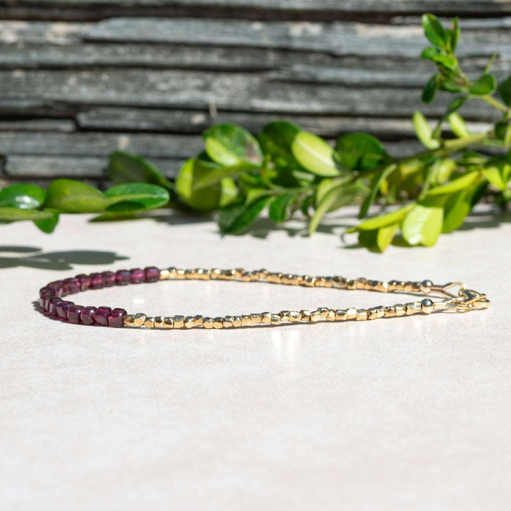 Garnet Cube and Gold Beaded Bracelet