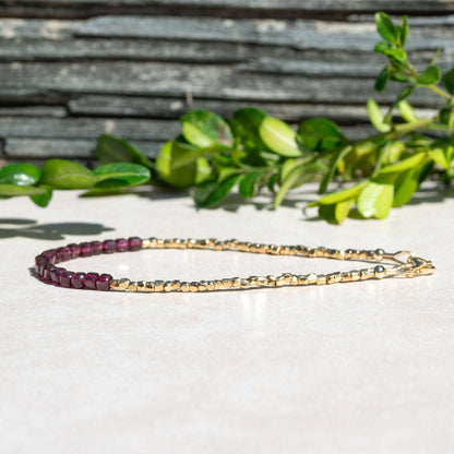 Garnet Cube and Gold Beaded Bracelet