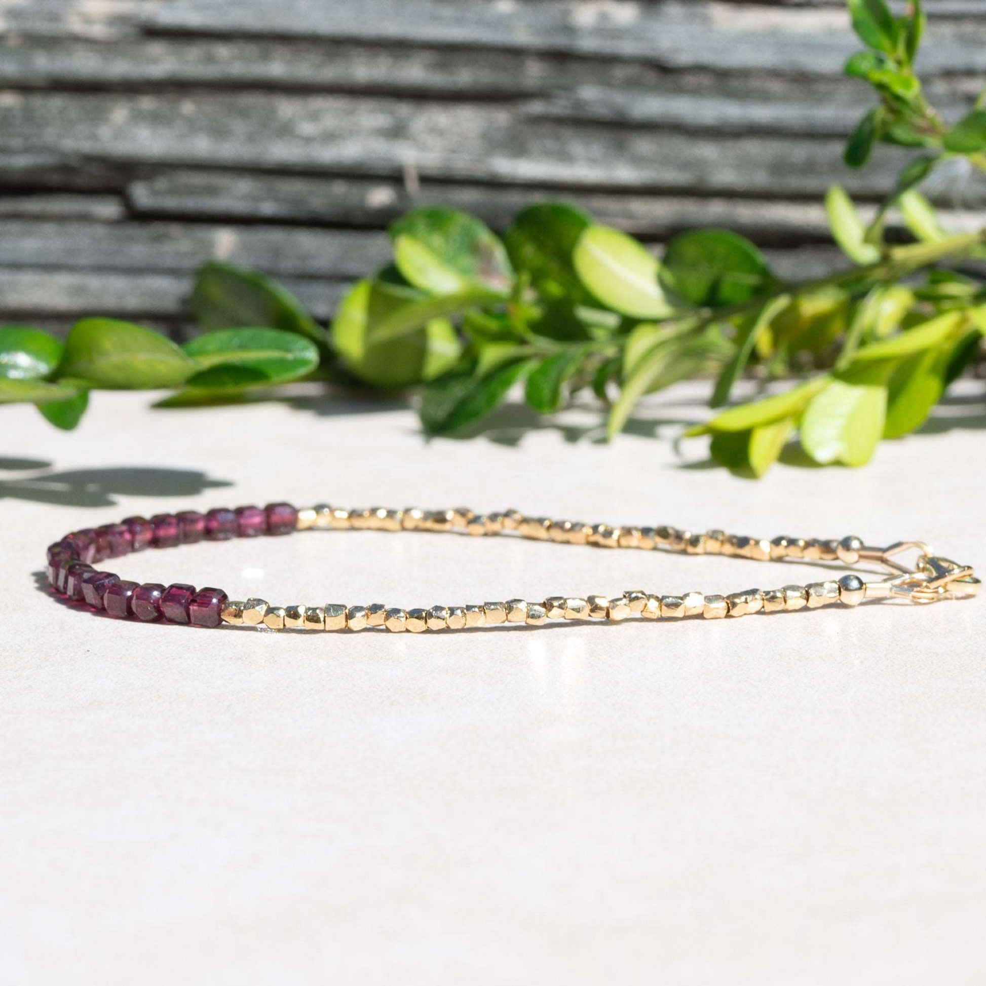 Garnet Cube and Gold Beaded Bracelet