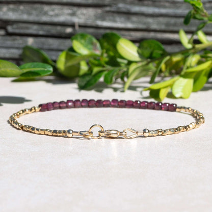 Garnet Cube and Gold Beaded Bracelet