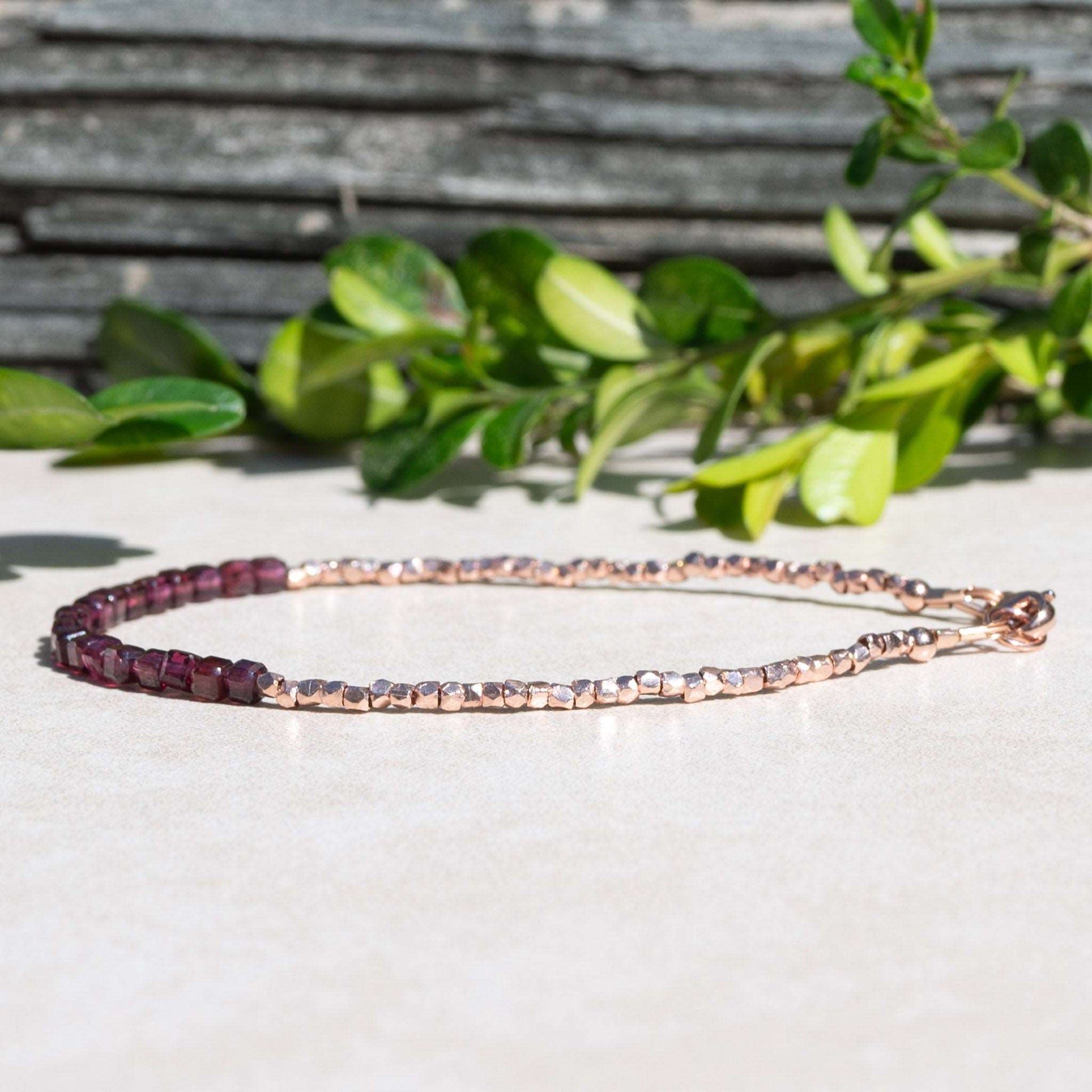 Rose Gold and Garnet Cube Beaded Bracelet