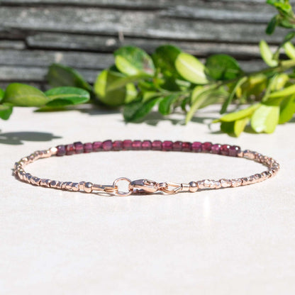 Rose Gold and Garnet Cube Beaded Bracelet