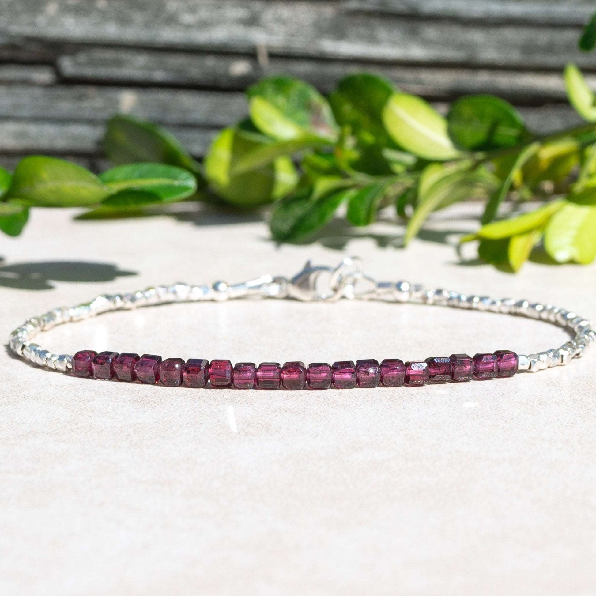 Garnet Cube Beaded Bracelet with Silver