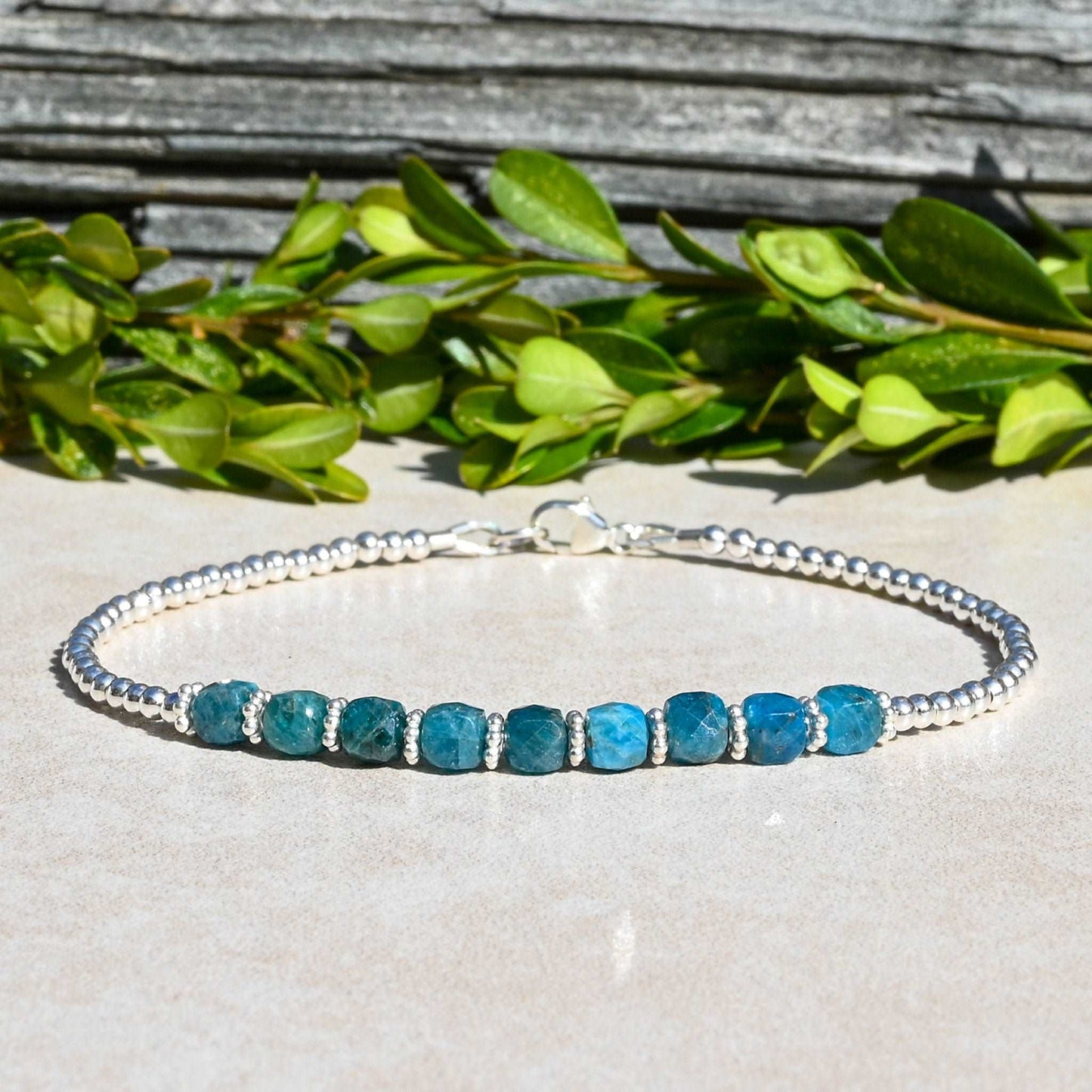 Blue Apatite Beaded Gemstone Bracelet in Sterling Silver or Gold