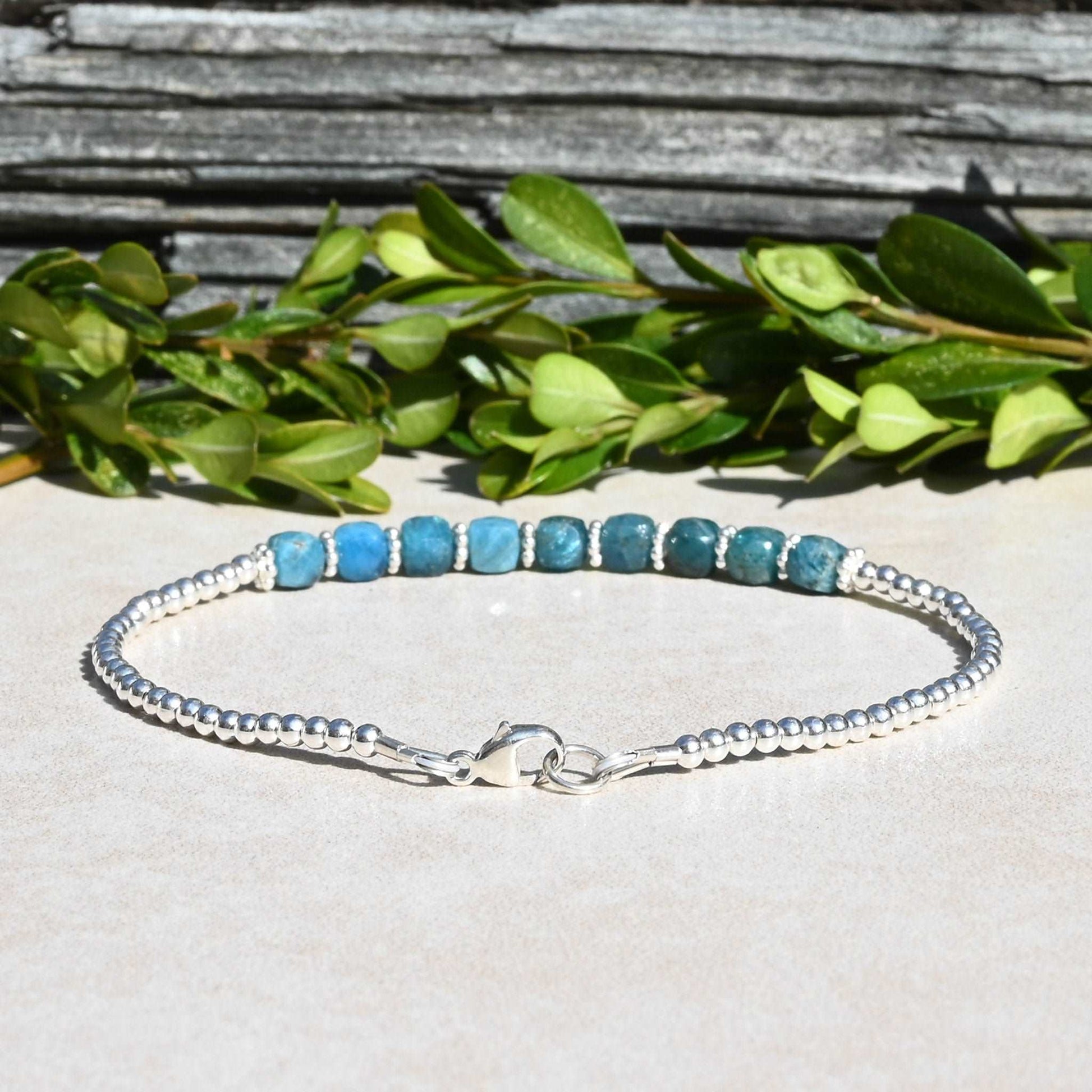 Blue Apatite Beaded Gemstone Bracelet in Sterling Silver or Gold