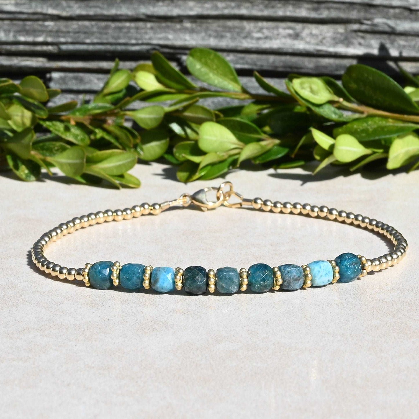 Blue Apatite Beaded Gemstone Bracelet in Sterling Silver or Gold