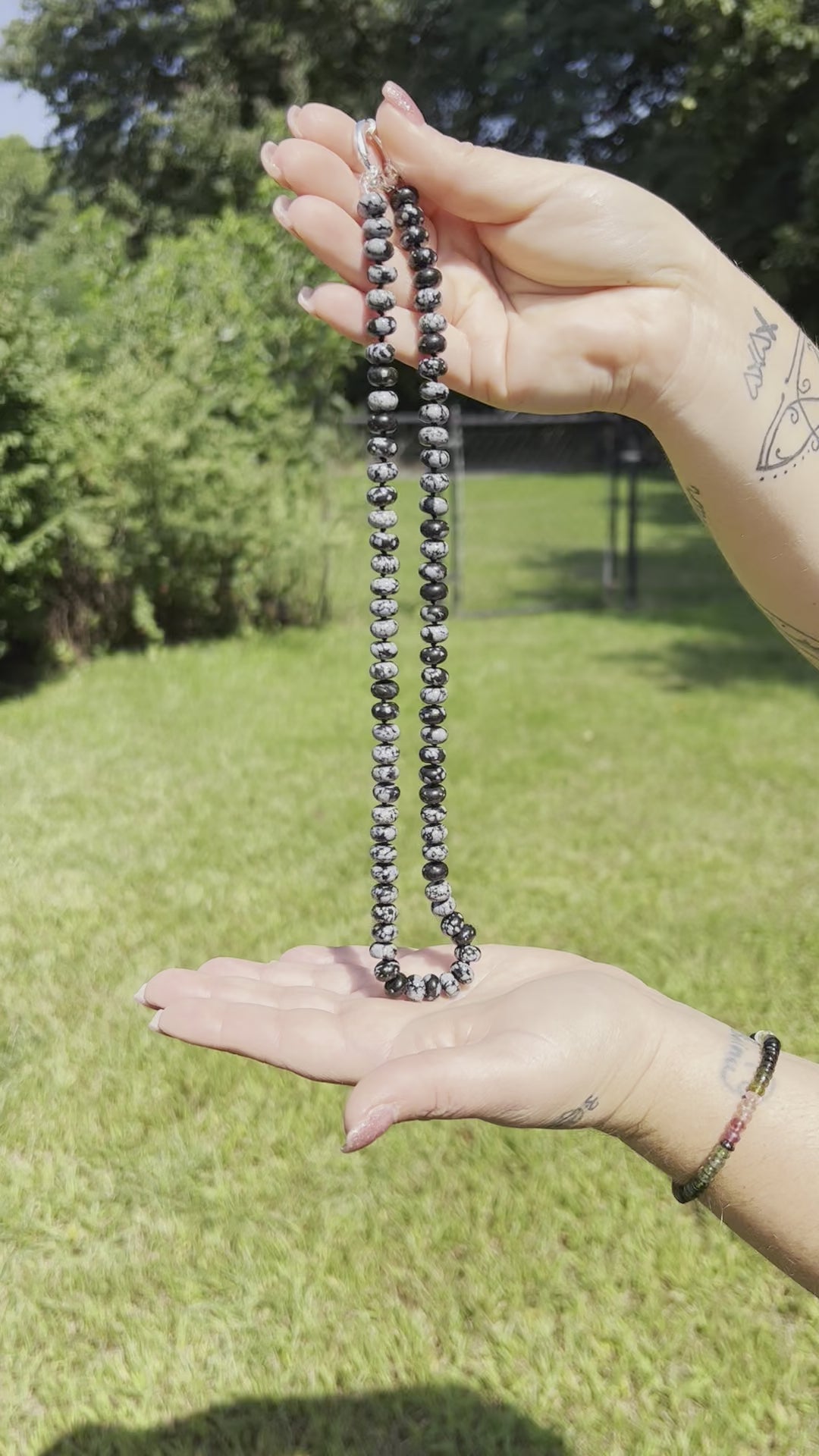 Snowflake Obsidian Hand Knotted Gemstone Necklace with Sterling Silver Clasp