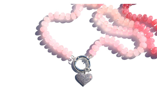 Shades of Pink Gemstone Beaded Necklace with Silver Heart Charm