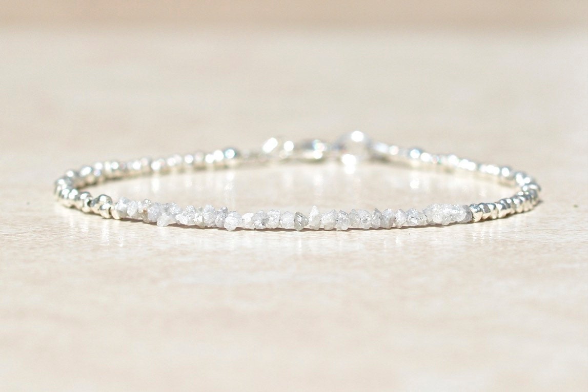 Raw Diamond and Sterling Silver Beaded Gemstone Bracelet Front2