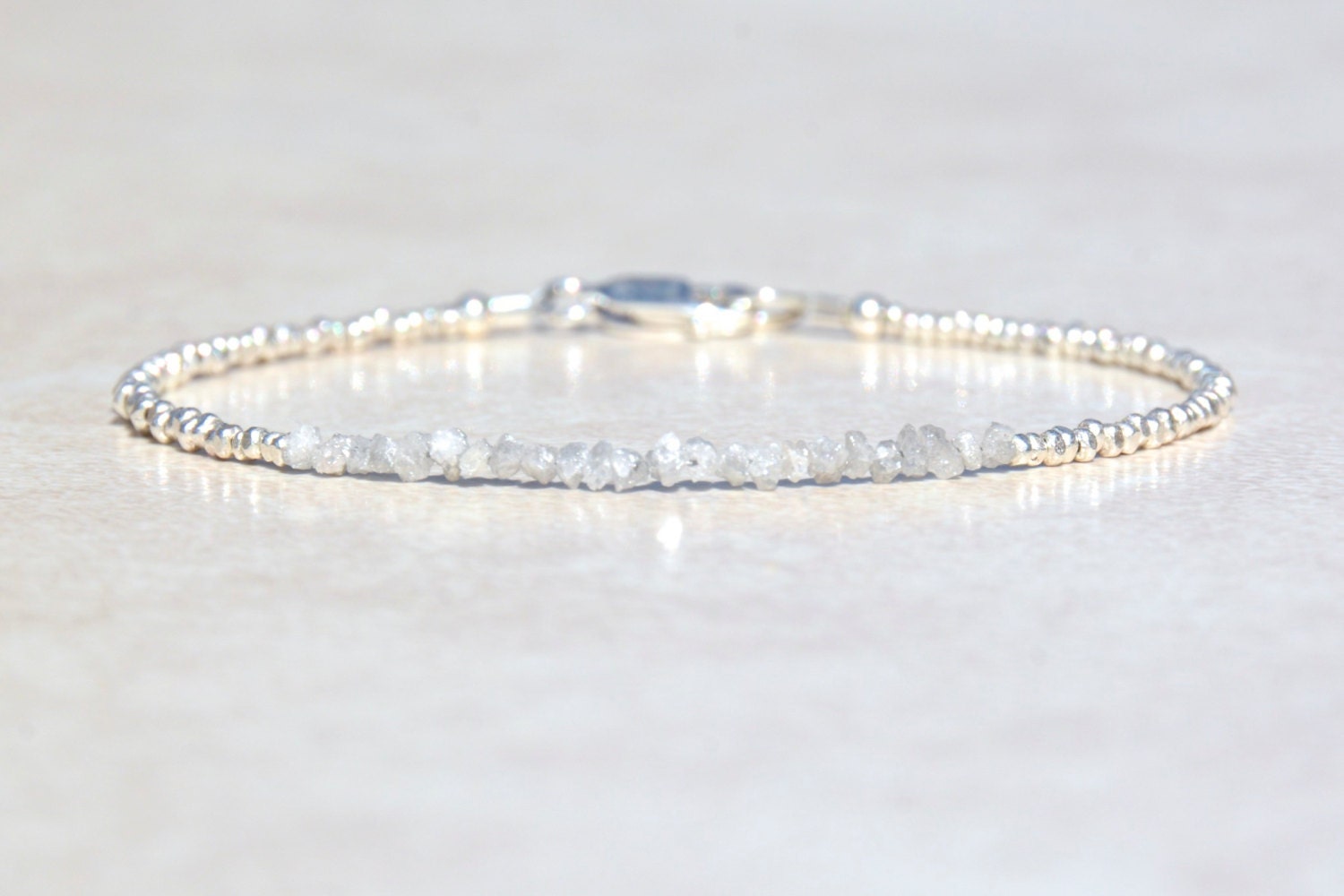 Raw Diamond and Sterling Silver Beaded Gemstone Bracelet Front