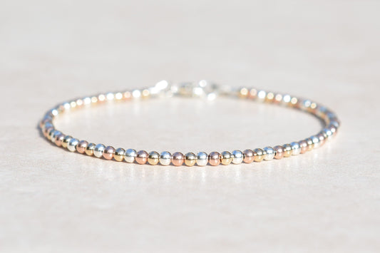 Rose Gold, Yellow Gold, and Sterling Silver Beaded Ball Bracelet Front