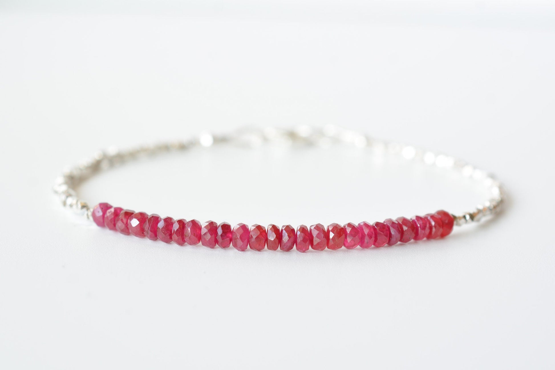 Ruby & Silver Beaded Birthstone Bracelet for July