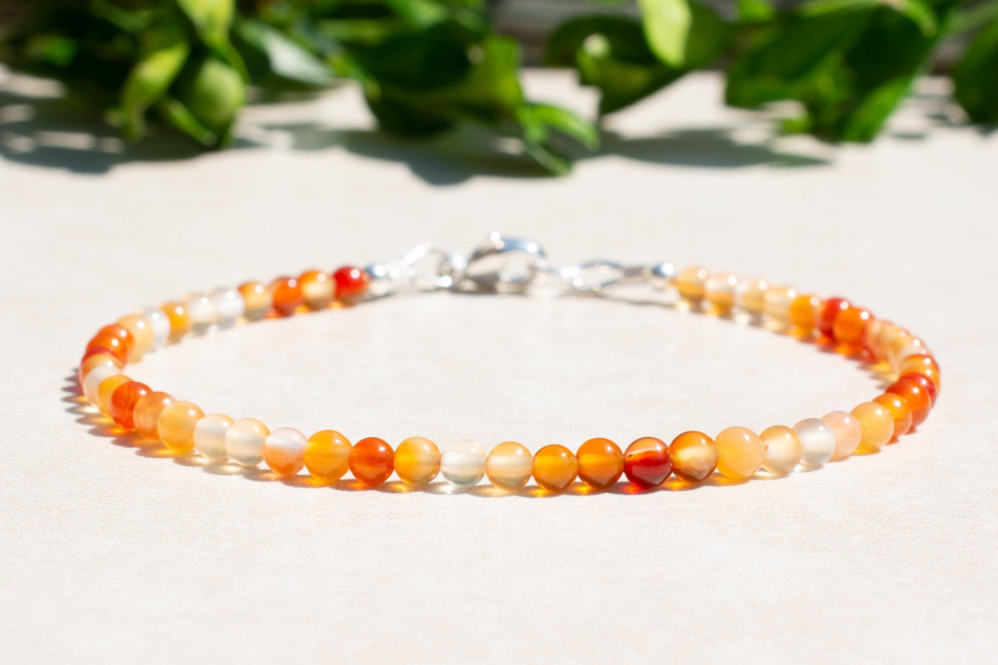 Carnelian Red and Orange Gemstone Beaded Bracelet with Sterling Silver Clasp