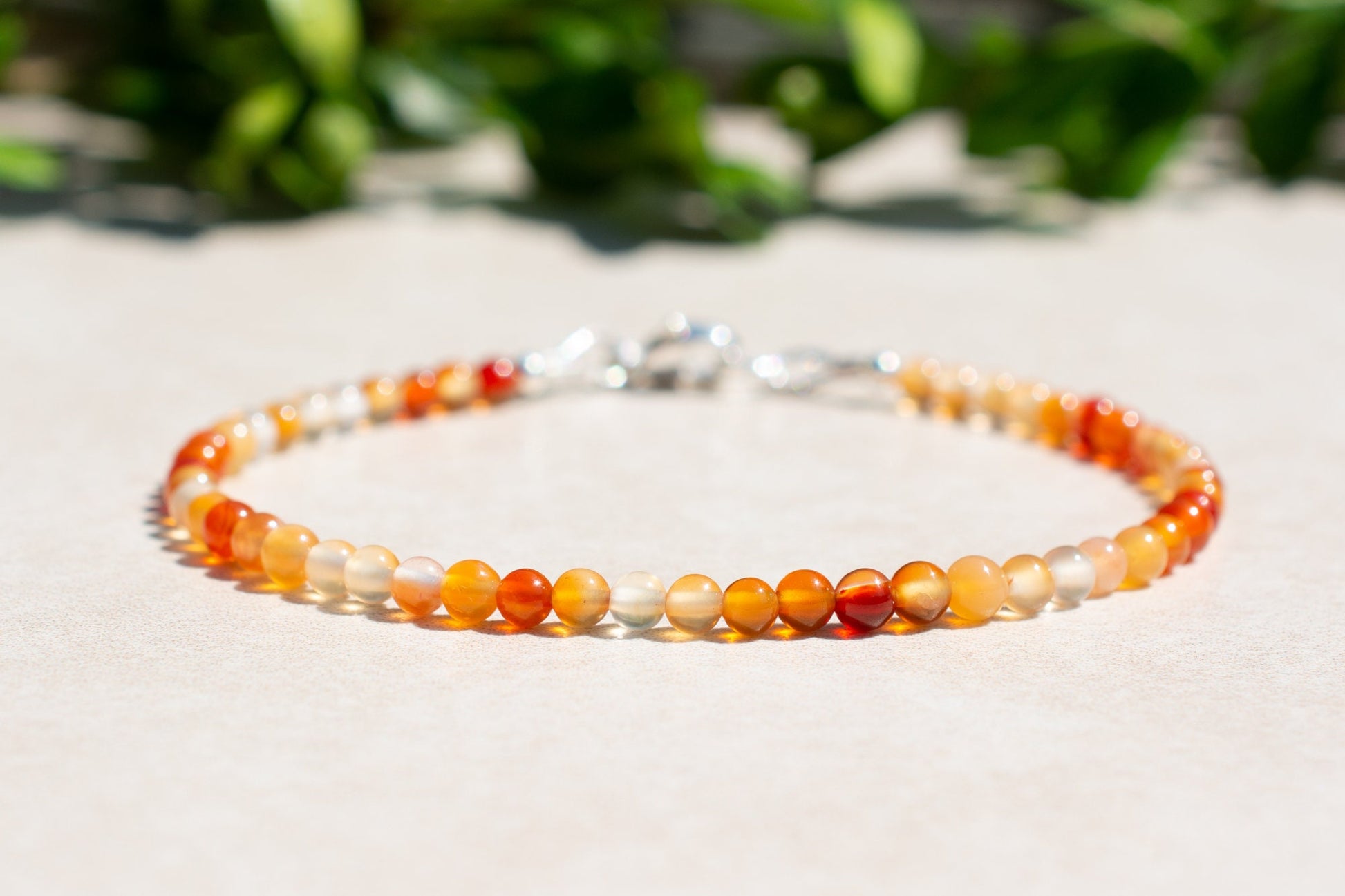 Carnelian Red and Orange Gemstone Beaded Bracelet with Sterling Silver Clasp