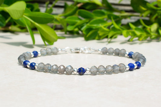 Labradorite & Lapis Beaded Bracelet with Sterling Silver or Gold