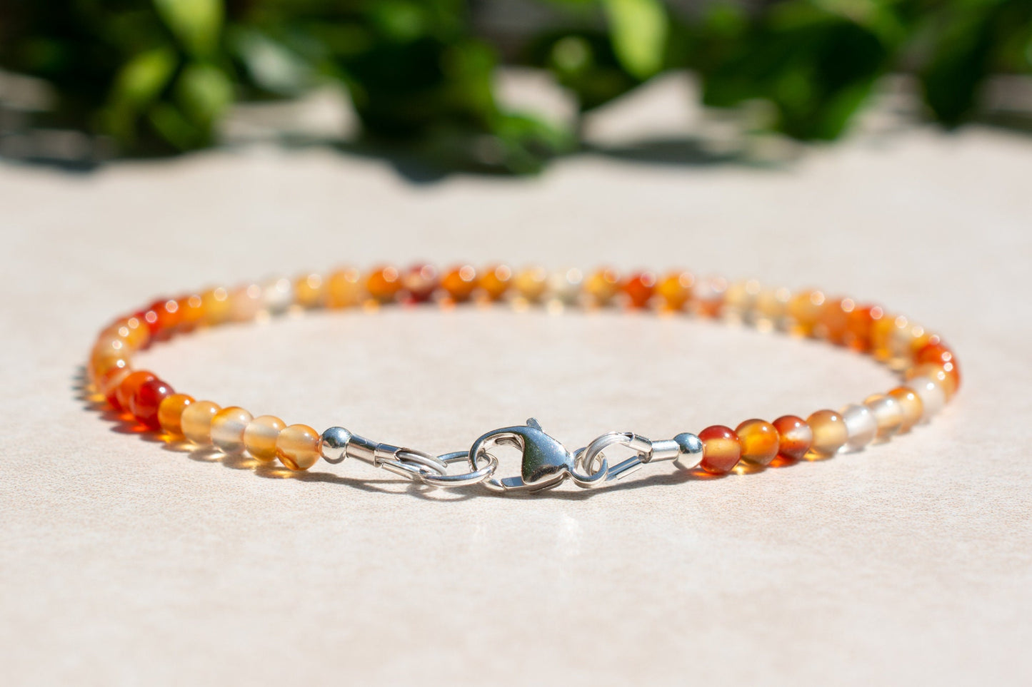 Carnelian Red and Orange Gemstone Beaded Bracelet with Sterling Silver Clasp